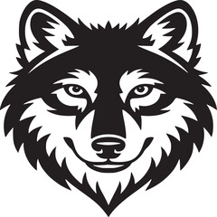 A stylized black and white illustration of a wolf's face with a simple and clean design style