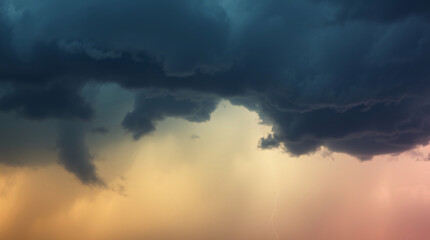 A dramatic sky filled with dark, turbulent clouds contrasting with a serene horizon.