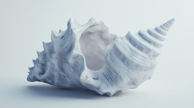 A delicate sea shell resting on a white background, highlighting its smooth curves, natural patterns, and soft sandy tones.