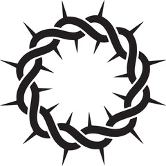 A black and white graphic depiction of a crown of thorns with sharp spikes on a white background