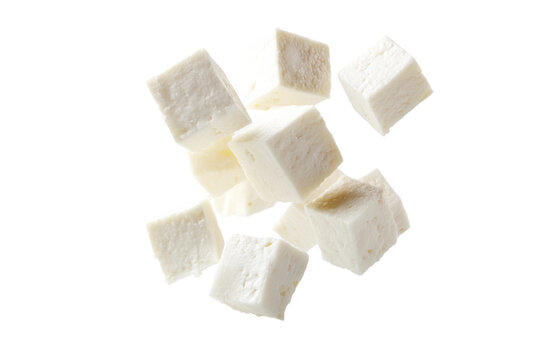 Floating cubes of fresh white paneer cheese on black background, cut out