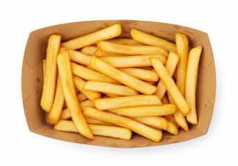 Fries in a cardboard tray on white background