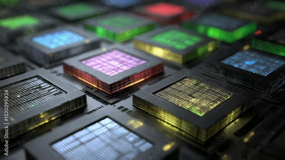 Aufkleber quantum computing processors illuminating motherboard circuitry, displaying dynamic color shifts rep