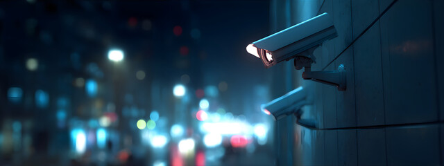 Street cameras against a blurred night city. Surveillance and security banner with copy space