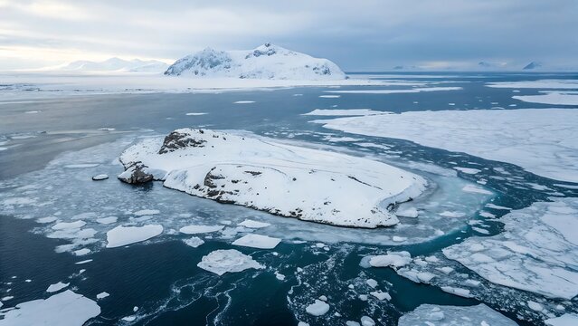 Aerial view of snowy arctic landscape with icebergs and mountainous island scenery - Powered by Adobe