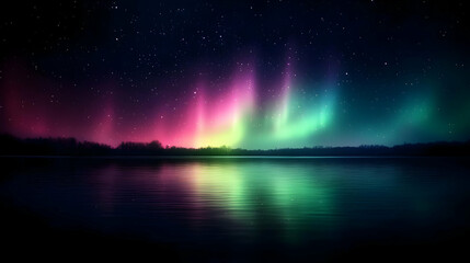 Aurora Borealis Over Calm Lake Night Sky