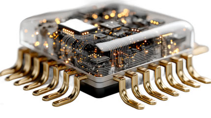 Detailed view of a microchip with golden pins and transparent casing