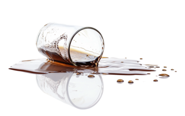 Humorous office prank showing an upside down water glass filled to the brim placed on a desk to surprise coworkers isolated on transparent background PNG