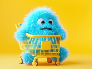 Fluffy blue creature sits sadly in a yellow shopping cart