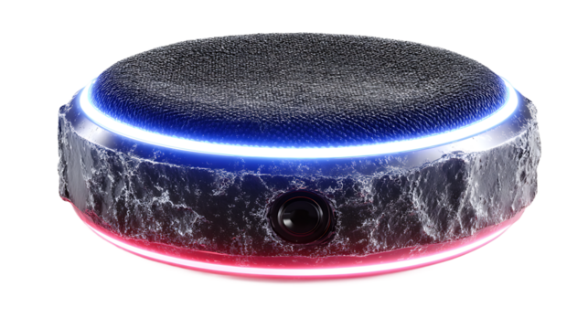 Futuristic Round Speaker with Textured Surface and Glowing Edges