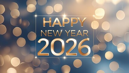 Happy New Year 2026, gold lettering on gray background with bokeh effect, card, congratulations