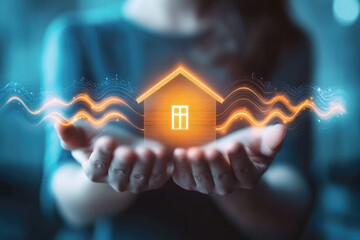 Home security concept.  Hands holding a glowing home icon with energy waves