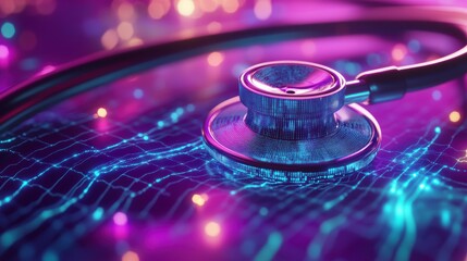 Close-up of a stethoscope on a vibrant digital health data background.