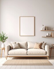 Bright Interior Wall with Minimalist Decor and Empty Frame for Mockup