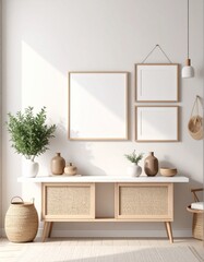 Bright Interior Wall with Minimalist Decor and Empty Frame for Mockup