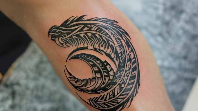 Close-up of Tribal Style Tattoo on Leg: Intricate Black Ink Design, Body Art, Skin Decoration, Tattoo Culture