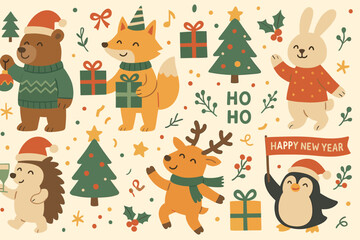 Festive Christmas & New Year animal characters. Cute vector illustration set with bear, fox, rabbit, reindeer, penguin. Winter holiday celebration graphics, gifts, trees, Santa hats for kids.