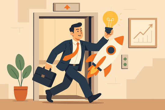 Business concept: Ambitious entrepreneur launching innovative startup idea. Man with rocket and lightbulb exits elevator, symbolizing career growth, new venture success, and progress.