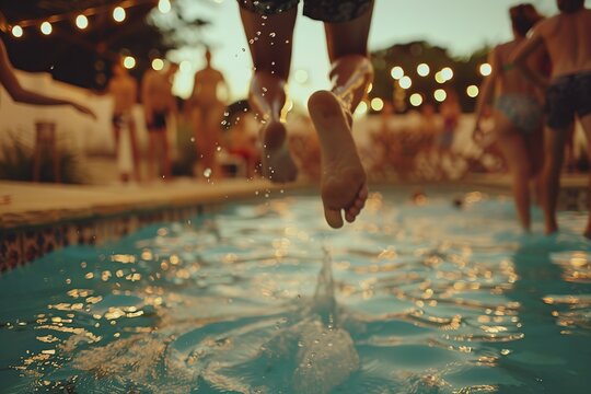A person jumps into a swimming pool at an outdoor party with string lights illuminating the scene. - Powered by Adobe