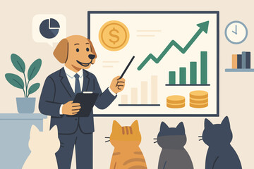 Dog financial advisor presenting growth chart to cat audience at business seminar. Pet investment strategy and market analysis illustration with professional animal characters in office setting.