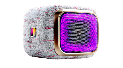 Modern Cube Speaker with Textured Fabric and Purple Illuminated Grille