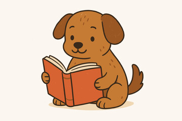 Cute cartoon dog reading a book. Adorable puppy character illustration for children's education, learning, and literature. Smart pet studying, gaining knowledge. Whimsical animal mascot.