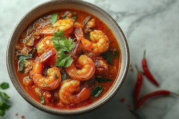 Spicy Asian Shrimp Soup Bowl. A Flavorful and Authentic Seafood Cuisine with Chili and Cilantro Garnish