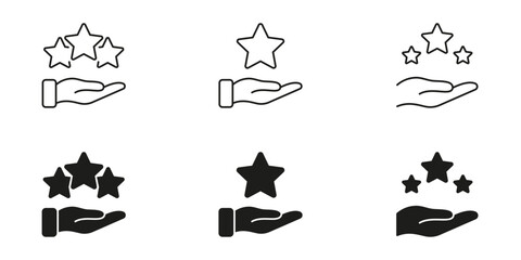 Hand Holding Stars Icon Set. Customer Satisfaction, Quality Assurance, And Excellence Representation Outline And Silhouette Symbols. Service Rating And Feedback. Isolated Vector Illustration