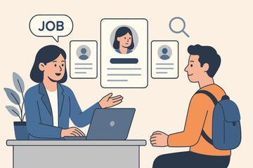 Job search assistance and online recruitment concept. Interview process, candidate selection. HR manager with laptop, reviewing profiles for employment. Virtual job fair, career opportunity.