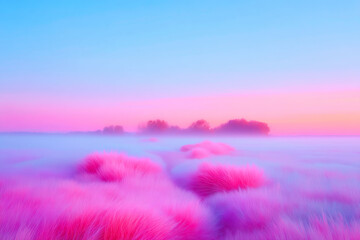 Abstract Grassy Field Landscape With Impressionistic Dreamy Quality And Hazy Trees In Background