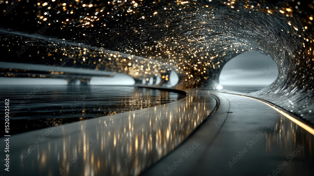 Poster abstract visualization of glowing data streams flowing at high speed through a dark tunnel, creating