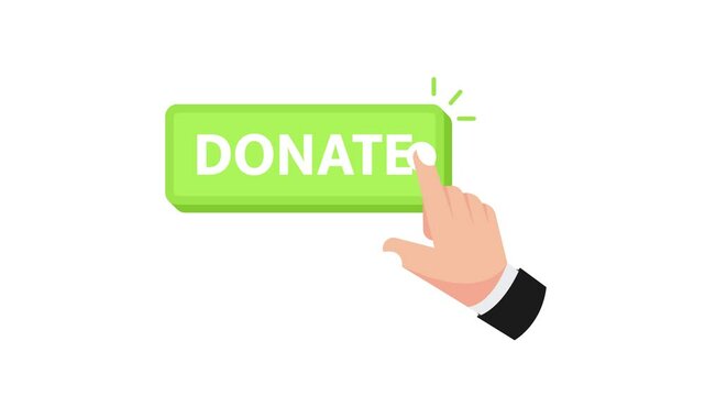 Businessman clicking green donate button on white and blue screen