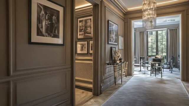 Elegant corridor with classical design and display case, luxury decor