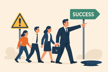 Business team leadership guiding to success, overcoming obstacles and avoiding pitfalls on the path to achieving goals. Business growth and career advancement concept. Direction and guidance.