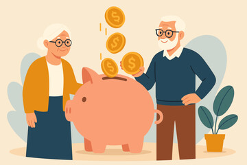 Senior couple saving money for retirement. Pension fund. Financial planning. Piggy bank. Investment. Elderly people putting golden coins into savings. Future security