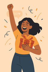 Joyful woman celebrates successful loyalty program with a gift. Happy customer wins prize, excited by bonus. Online shopping reward, victory, promotion, giveaway.