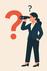 Obraz premium Businesswoman searching for solutions, new ideas, or future opportunities. Woman looking through binoculars next to a big question mark. Concept of exploration, challenge, vision