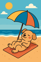 Dog beach summer vacation illustration. Cute cartoon puppy relaxing under colorful umbrella, sunbathing by the sea. Adorable pet animal enjoying holiday leisure, travel concept. Vector graphic.