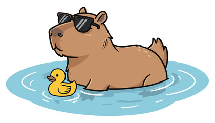 Cheerful capybara wearing tiny sunglasses, floating in pool of water with a tiny rubber ducky. Vector sticker design