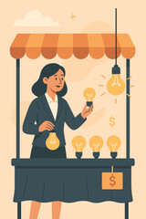 Innovative ideas for sale. Businesswoman at market stall selling lightbulb concepts representing creativity, entrepreneurship. Monetizing intellectual property. Bright solutions and inspiration.
