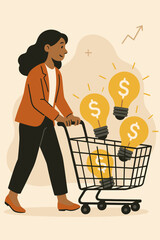 Woman Shopping for Bright Investment Ideas. Investor with Shopping Cart Full of Light Bulbs with Dollar Signs. Finance. Business. Commerce. Shopping. Financial Success.