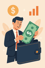 Businessman holding dollar bill and large wallet with financial growth symbols, money saving concept, income increase, investment success, finance and banking illustration