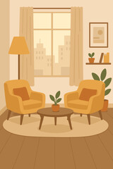 Cozy living room interior flat design vector illustration. Modern apartment scene with armchairs, coffee table, plants, window city view. Home decor concept for comfortable urban lifestyle.