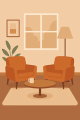 Cozy living room interior with warm brown armchairs, round coffee table, soft rug, floor lamp, green plant, framed wall art, and window with neutral decor for home comfort
