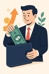 Businessman putting dollar banknote into wallet. Financial gain concept. Investment growth and income increase. Savings strategy for successful entrepreneur. Money profit cartoon vector art.