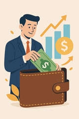 Vector illustration of businessman investing money. Financial gain with cash in wallet, upward trend chart, and dollar sign. Concept of savings, profit, wealth, and business growth.