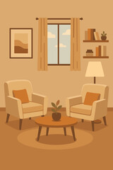 Warm Cozy Living Room Interior with Armchairs, Coffee Table, and Window View. Serene Home Decor, Relaxation, Comfort, Apartment Design, Indoor Plant, Simple Living Style