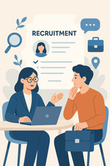 Recruitment process illustration. HR manager interviewing job candidate. Business professionals discussing employment opportunity. Human resources, career consultation, job search assistance. Vector.