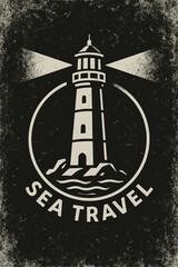 Grunge Lighthouse Logo Vector. Sea Travel Icon. Vintage Nautical Beacon. Navigation Symbol. Coastline Safety Tower. Marine Architecture Design. Black and White Graphic