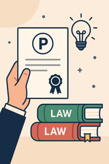 Intellectual property rights protection concept with patent document, law books and idea lightbulb. Copyright law, trademark registration, invention patenting, legal innovation security.